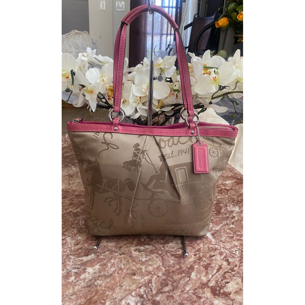 Coach F14482 Signature Khaki Satin Horse Carriage Pink Leather Tote EUC! $398